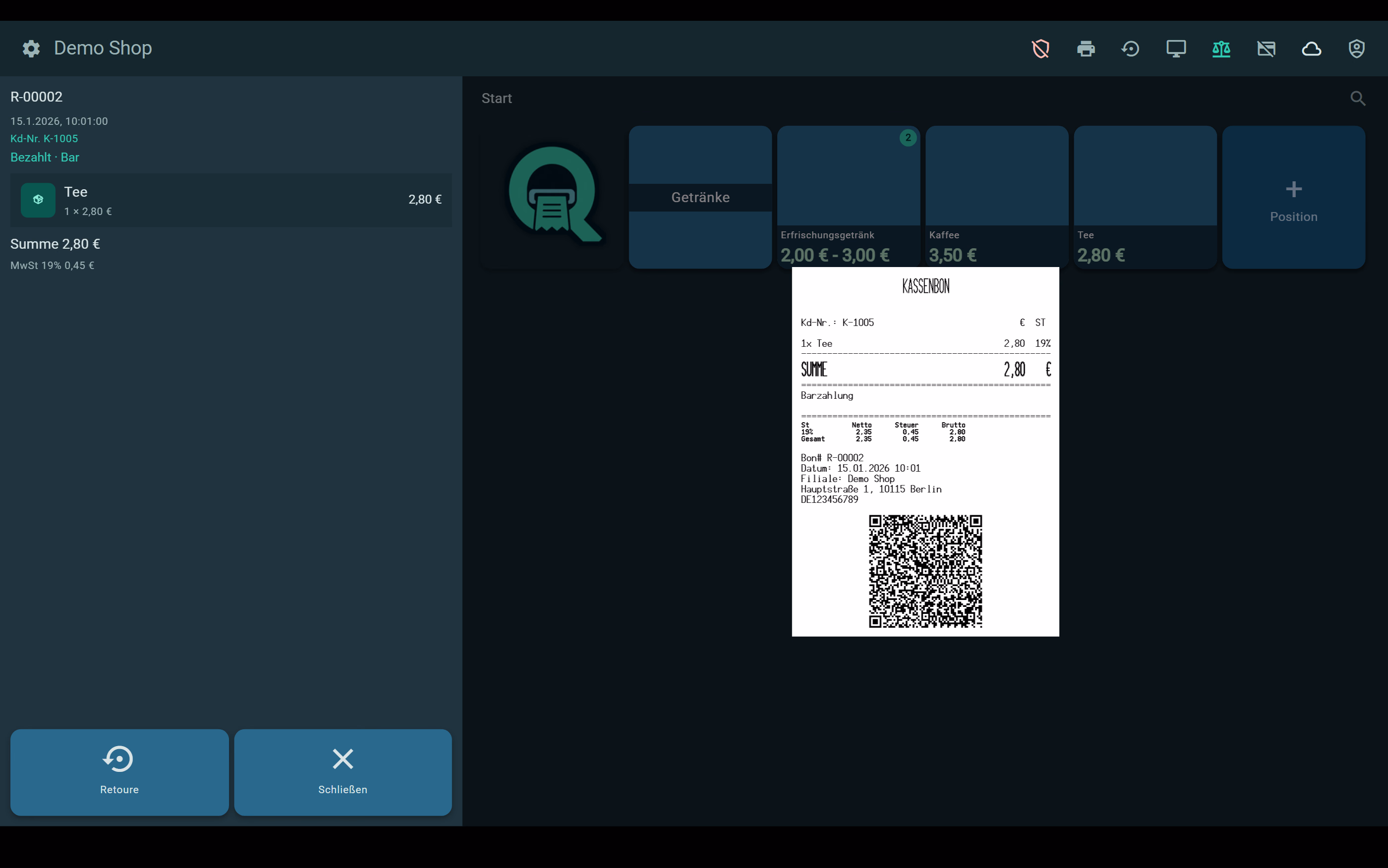 Zahlungsabschluss mit QR-Code und Bonoptionen